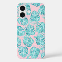 Tropical pink teal watercolor monster leave floral