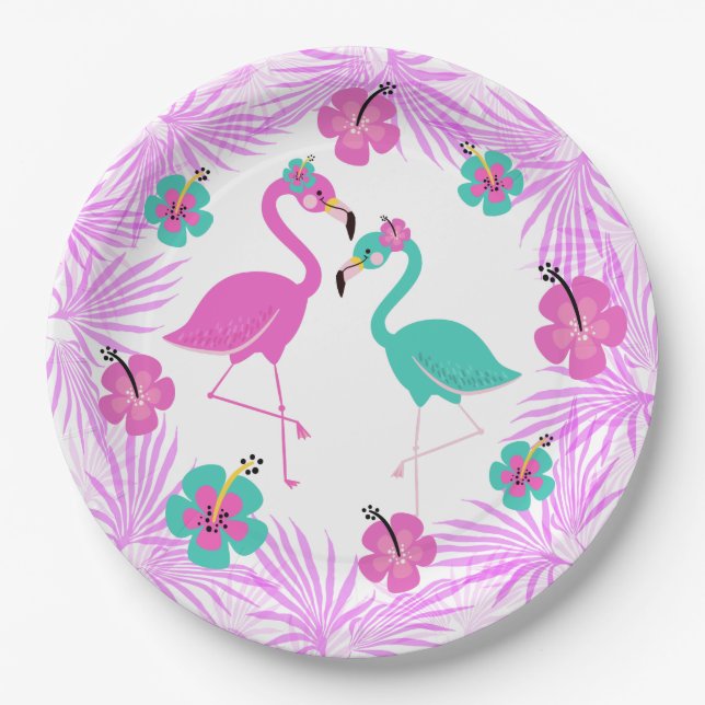 Tropical Pink Turquoise Palms Flamingo 9" Paper Plate (Front)