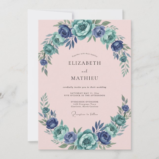 Tropical Pink Turquoise Petal Wedding Invitation (Front)