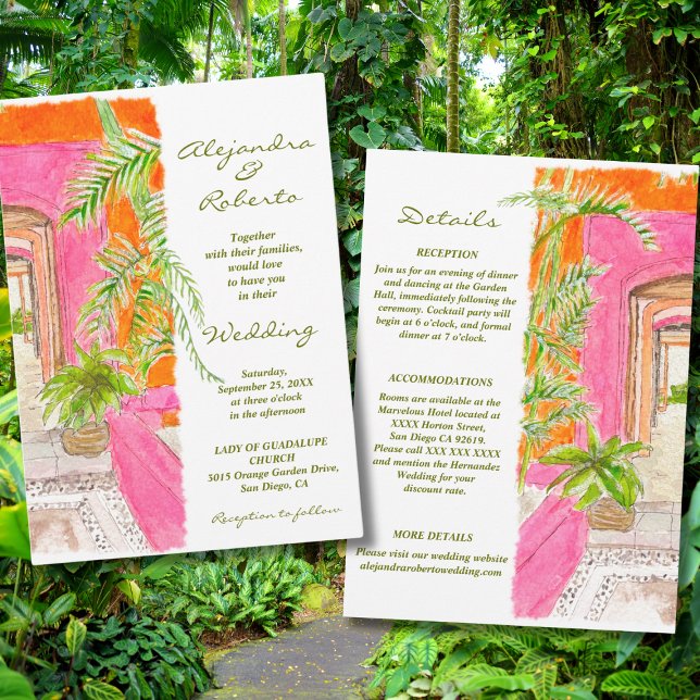 Tropical Pink Walls and Palm Courtyard Art Wedding Invitation (Creator Uploaded)