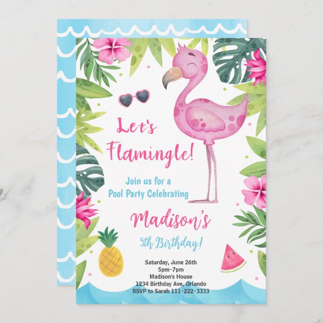 Tropical Pink Watercolor Flamingo Birthday Invite (Front/Back)