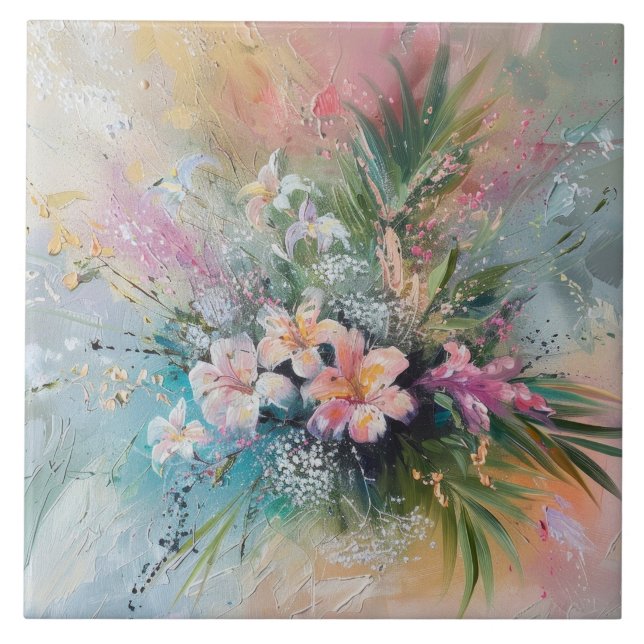 Tropical Pink White Flowers Tile (Front)