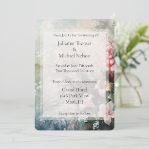 Tropical Pink White Hibiscus Floral Wedding Invitation