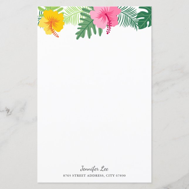 Tropical Pink Yellow Hibiscus Botanical Stationery (Front)