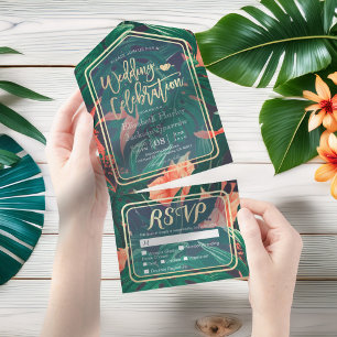 Tropical Plant Flower Leaf Gold Frame Wedding RSVP All In One Invitation