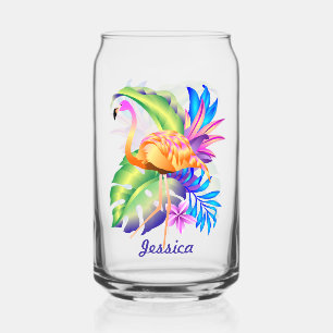 Tropical Plants and Flamingo Personalised Can Glass