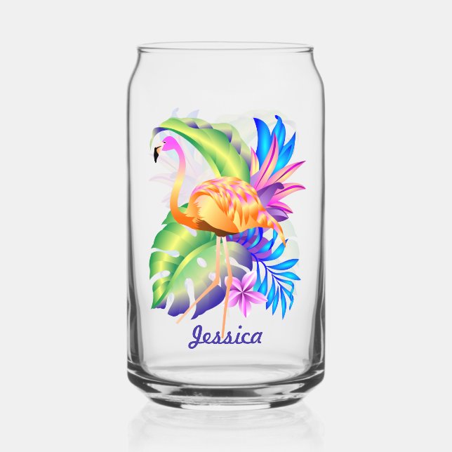 Tropical Plants and Flamingo Personalised Can Glass (Front)