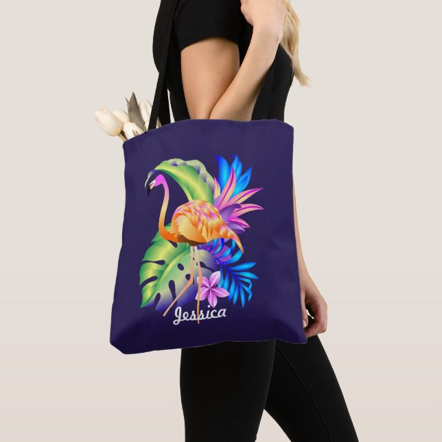 Tropical Plants and Flamingo Personalised Tote Bag (Close Up)