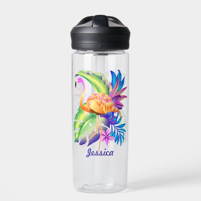Tropical Plants and Flamingo Personalised Water Bottle (Front)
