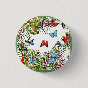 Tropical Plants Butterflies Berries Red Blue 3 Cm Round Badge