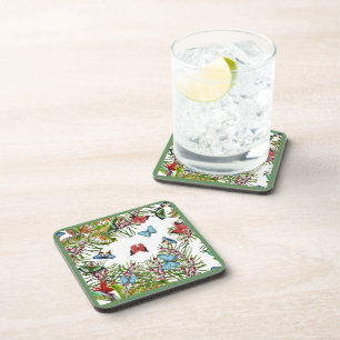 Tropical Plants Butterflies Berries Red Blue      Coaster