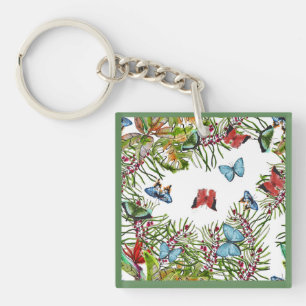 Tropical Plants Butterflies Berries Red Blue Key Ring