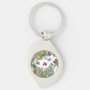 Tropical Plants Butterflies Berries Red Blue Key Ring