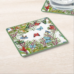 Tropical Plants Butterflies Berries Red Blue Square Paper Coaster