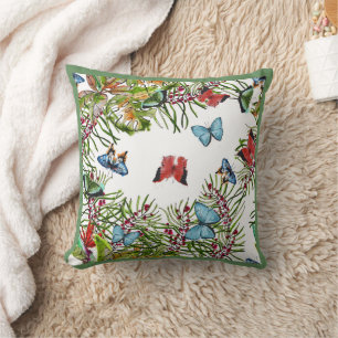 Tropical Plants Butterflies Red Blue Cushion