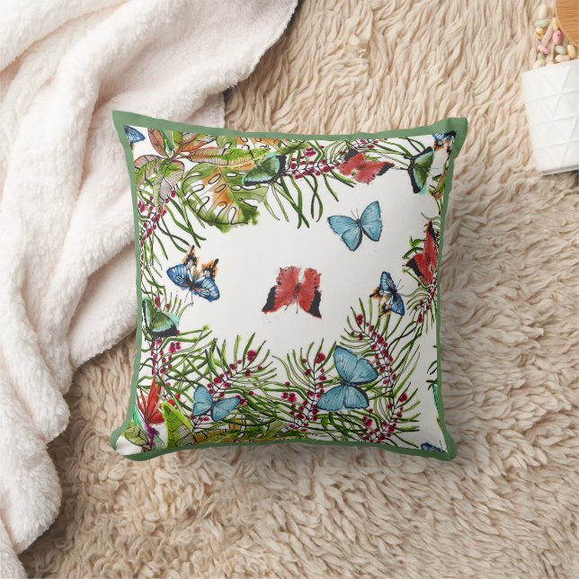  Tropical Plants Butterflies Red Blue  Cushion (Blanket)