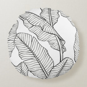 Tropical plants, flowers, jungle sketch. round cushion