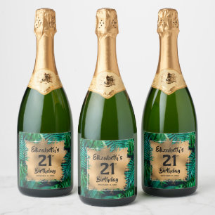 Tropical Plants Gold 21st Birthday Personalised Sparkling Wine Label