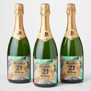 Tropical Plants Gold 21st Birthday Personalised Sparkling Wine Label