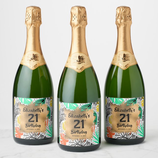 Tropical Plants Gold 21st Birthday Personalised Sparkling Wine Label (Bottles)