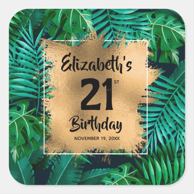 Tropical Plants Gold 21st Birthday Personalised Square Sticker (Front)