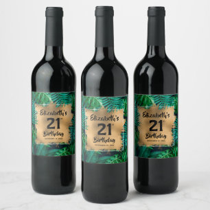 Tropical Plants Gold 21st Birthday Personalised Wine Label