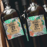 Tropical Plants Gold 21st Birthday Personalised Wine Label<br><div class="desc">Make your own personalised wine bottle labels featuring your text on a gold faux foil square over a black dots and colourful tropical plant print pattern. All text and fonts can be changed to any event. LOTS OF STYLES to choose from in our store.</div>