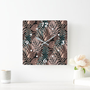 Tropical plants, jungle, tropics , beige ,leaves square wall clock
