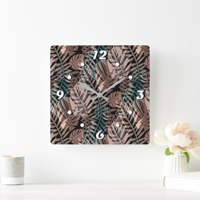 Tropical plants, jungle, tropics , beige ,leaves  square wall clock (Home)