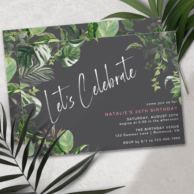 Tropical Plants | Modern Black Any Age Birthday Invitation (Creator Uploaded)