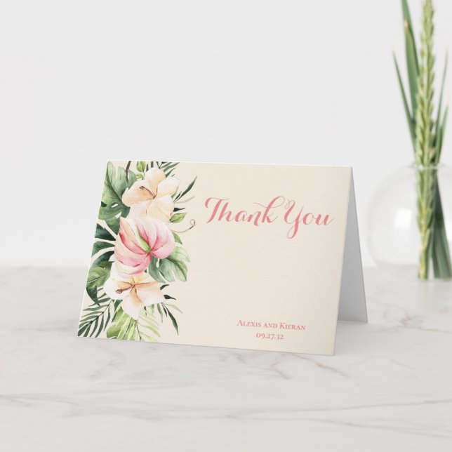 Tropical Plumeria & Flamingo Lily Thank You Note Card (Front)