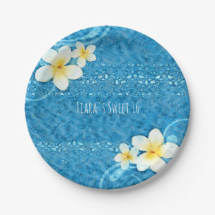 Tropical Plumeria Flower Blue Summer Party Paper Plate