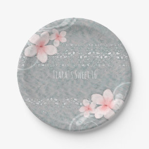 Tropical Plumeria Flower Grey Pink Summer Party Paper Plate