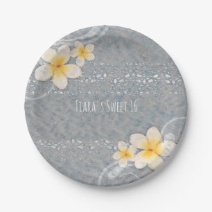 Tropical Plumeria Flower Grey Yellow Summer Party Paper Plate