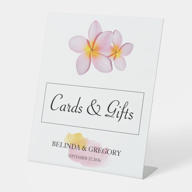 Tropical Plumeria Frangipani Wedding Cards Gifts Pedestal Sign (Front)