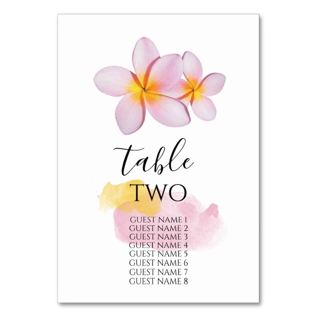 Tropical Plumeria Frangipani Wedding Guest Names Table Number (Front)
