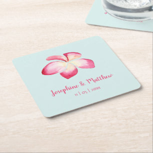 Tropical Plumeria Pink Watercolor Wedding Square Paper Coaster