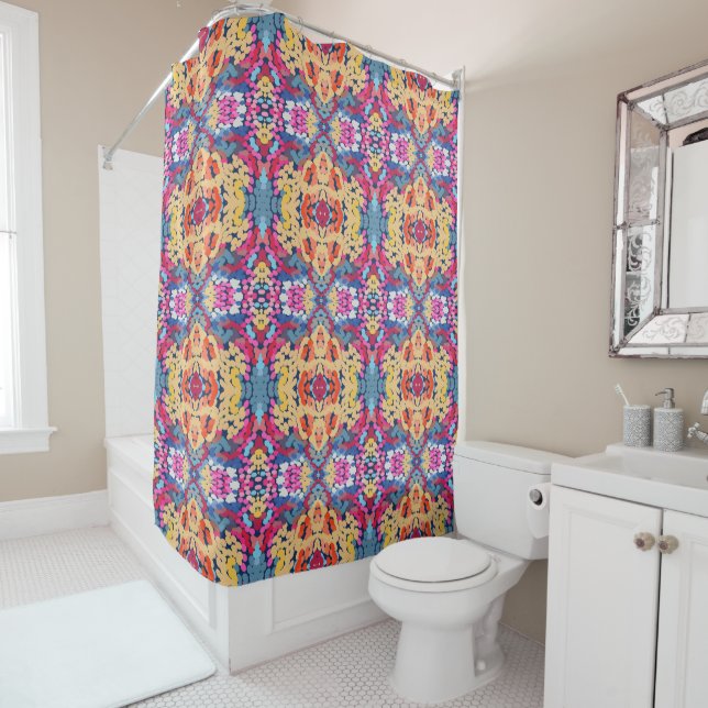 Tropical Plumeria Spotted Flowers Tile Pattern  Shower Curtain (In Situ)
