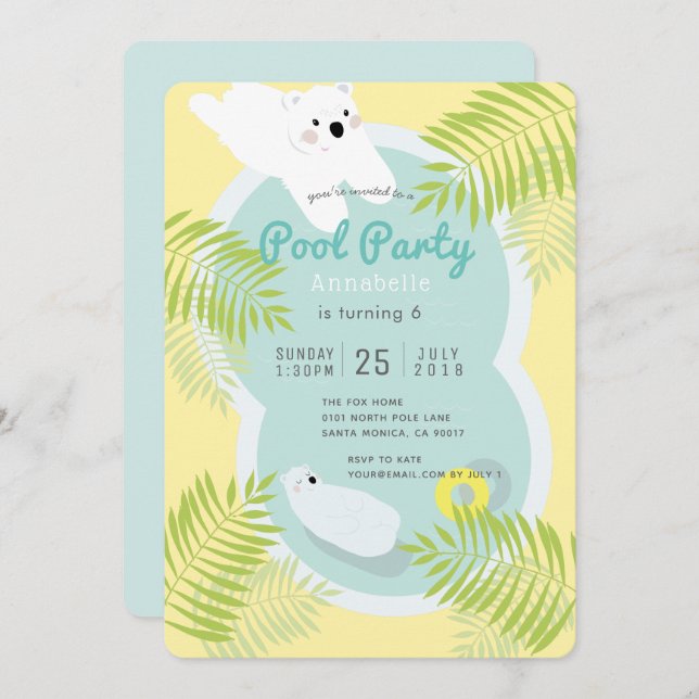 Tropical Polar Bear Pool Party Birthday Invitation (Front/Back)