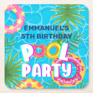 Tropical Pool Party Birthday Square Paper Coaster