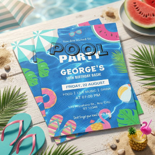 Tropical Pool Party Blue Pink Summer Birthday Invitation