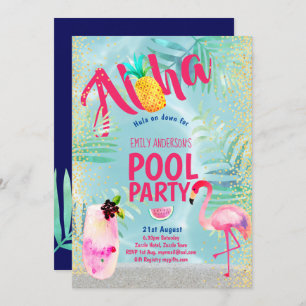 Tropical POOL PARTY Flamingo  Pineapple Aloha Luau Invitation