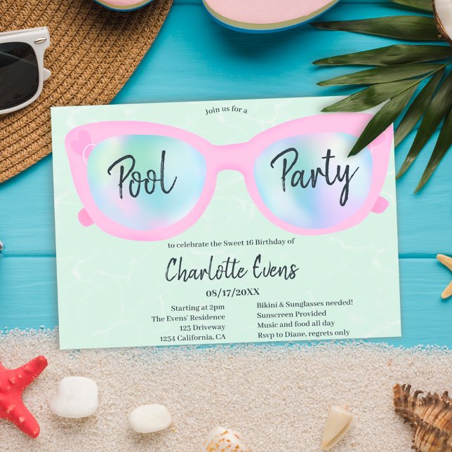 Tropical pool party holographic glasses Sweet 16 I Invitation (Creator Uploaded)