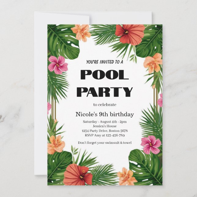 Tropical Pool Party Invitation Nicole 9th Birthday (Front)