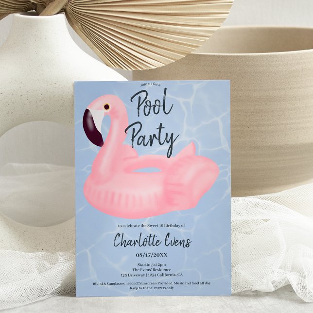 Tropical pool party pink flamingo Sweet 16 Invitation (Creator Uploaded)