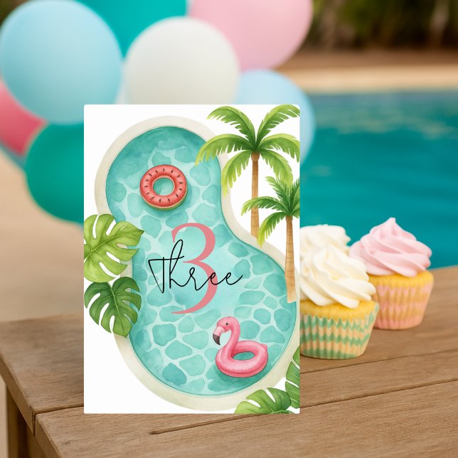 Tropical Pool Party  | Watercolor Kids Birthday Table Number (Creator Uploaded)