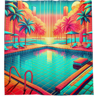 “Tropical Pool with Cityscape - Vibrant Retro Art” Shower Curtain