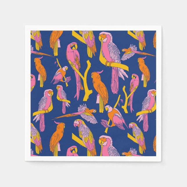 Tropical Pop Parrots on Navy Napkin (Front)
