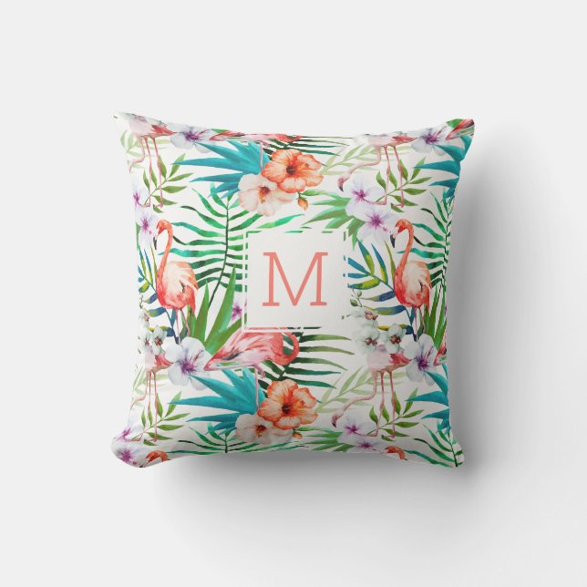 Tropical Pretty Floral Flamingo Bird Monogram Cushion (Front)