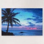 Tropical Pretty Pink Blue Sunset Landscape Art Jigsaw Puzzle<br><div class="desc">Beautiful nature photography. A stylish and classy photograph of light and dark blue, turquoise, violet, amethyst purple, and pastel pink coloured sunset on an exotic Hawaiian island beach with palm trees. A pretty tropical scene for the lover of Hawaii, Caribbean beaches, the ocean, sea, the beauty of the tropics, and...</div>